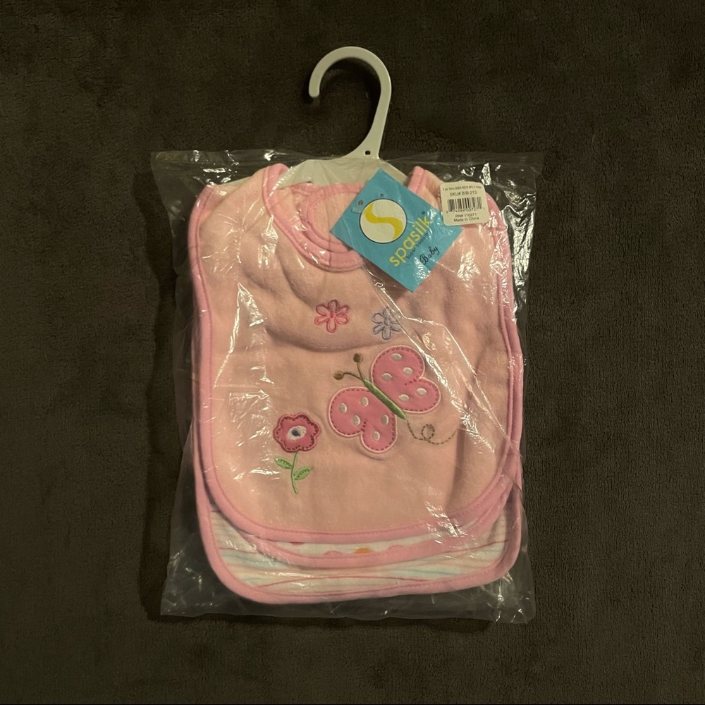 Spasilk 3 Pack Unisex-Baby Newborn Cotton Terry Feeder Bibs, Pink Butterfly 2